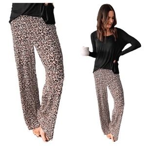 Soft Long Sleeve Top and Leopard Print Pants Lounge Set